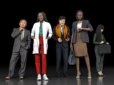 Diverse Group of People Standing in Different Professional Attires Against Black Background 3d model