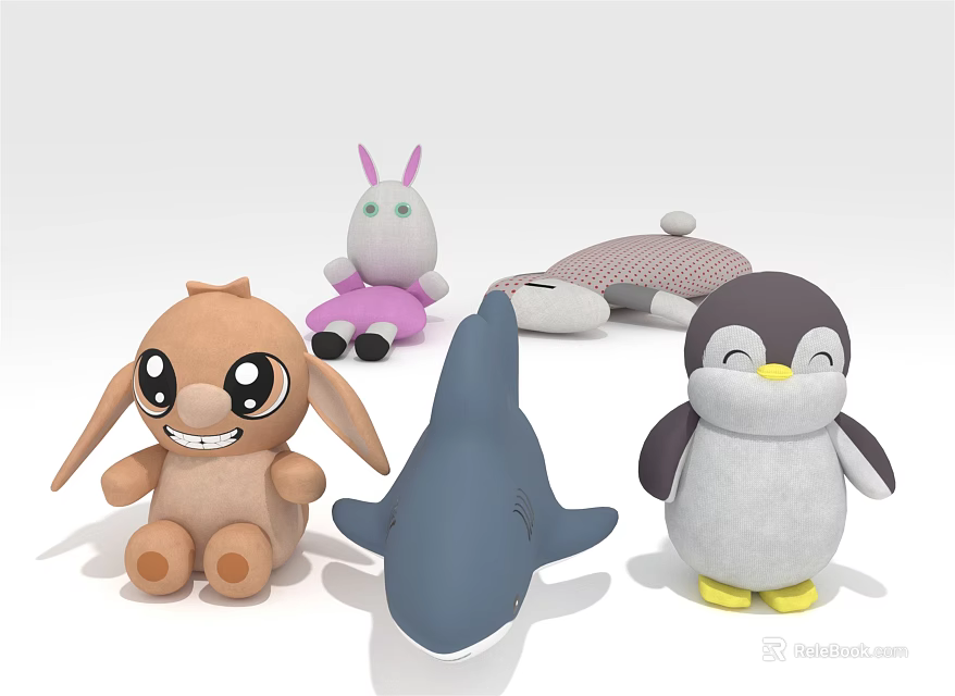 Cute Stuffed Animal Toys Including Rabbit Shark Penguin And Whale With Smiling Faces 3d model 