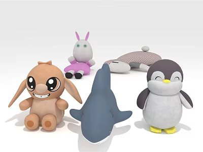 Cute Stuffed Animal Toys Including Rabbit Shark Penguin And Whale With Smiling Faces 3d model