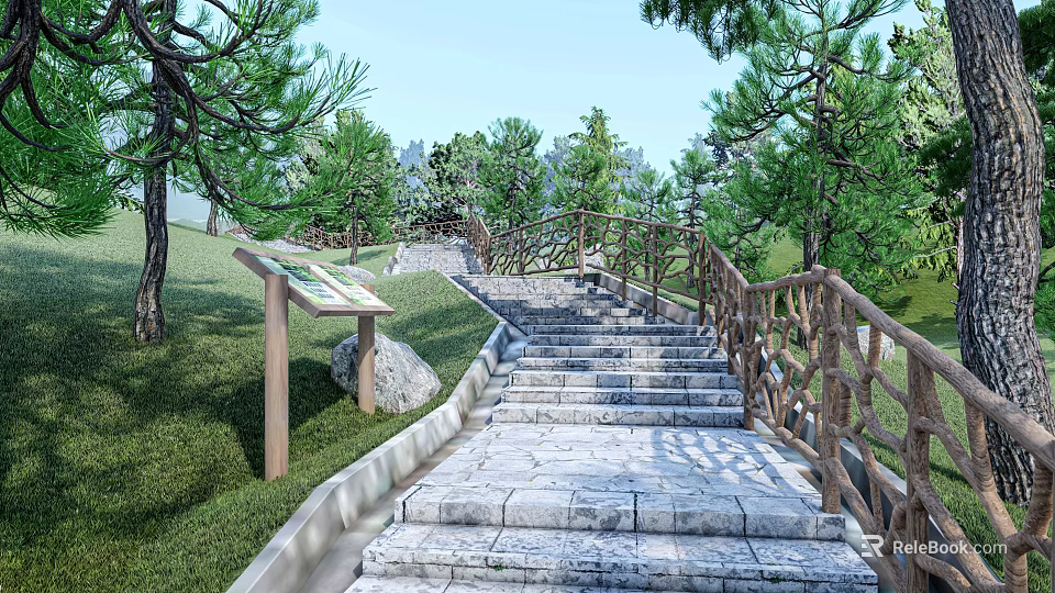 Scenic Park Landscape with Stone Steps Wooden Railings Signboard Green Grass and Lush Pine Trees 3d model 