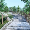 Scenic Park Landscape with Stone Steps Wooden Railings Signboard Green Grass and Lush Pine Trees
