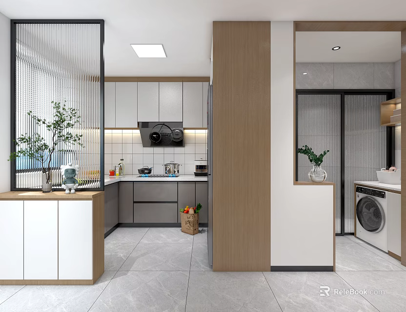 Modern Open Kitchen Interior With White Cabinets Wood Countertop And Green Plants 3d model 