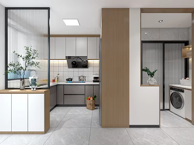 Modern Open Kitchen Interior With White Cabinets Wood Countertop And Green Plants 3d model