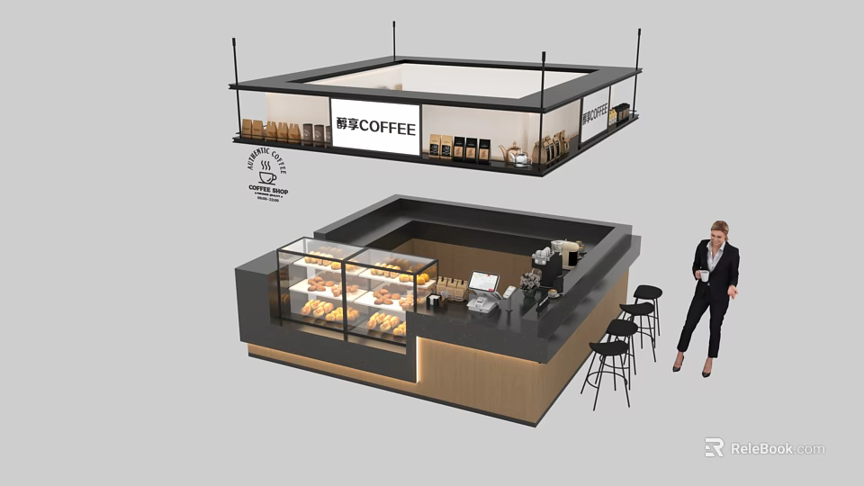 Modern IN Coffee Shop Interior With Display Case Pastries Counter And Seats 3d model 