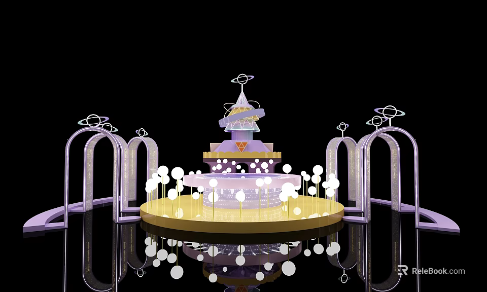 Elegant Multi Tiered Purple Gold Cake With Decorative Arches And White Spherical Decorations 3d model 