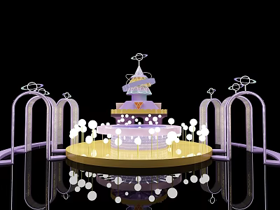 Elegant Multi Tiered Purple Gold Cake With Decorative Arches And White Spherical Decorations 3d model