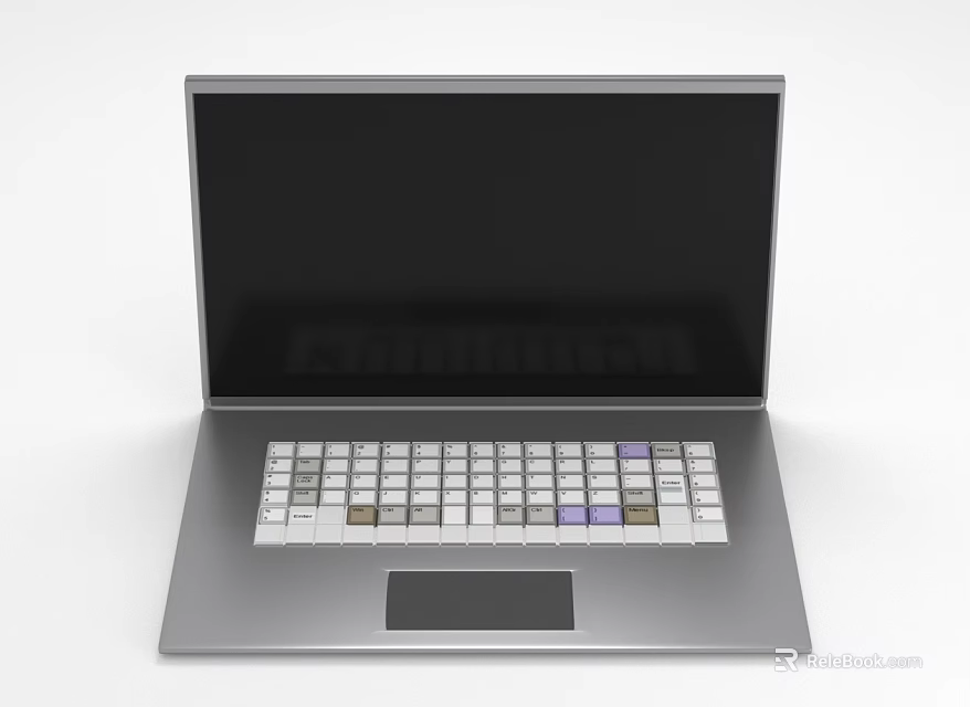 Open Silver Laptop With Black Screen White And Purple Keyboard Keys And Touchpad 3d model 