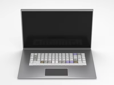 Open Silver Laptop With Black Screen White And Purple Keyboard Keys And Touchpad 3d model