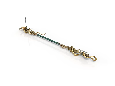 Ornate Long Staff Sculpture Carving With Golden Details Spiked Top And Gemstone End 3d model