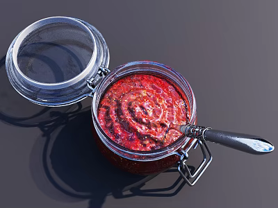Open Glass Jar With Red Sauce And Metal Spoon Inside 3d model