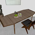 Wooden Desk With Woven Surface Chair Green Fruits Glass Bottle Magazine Cactus And Wall Art