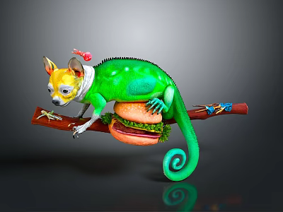 Green Chameleon With Small Red Accessory On Head Curled Tail On Wooden Branch Holding Hamburger 3d model