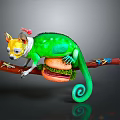 Green Chameleon With Small Red Accessory On Head Curled Tail On Wooden Branch Holding Hamburger