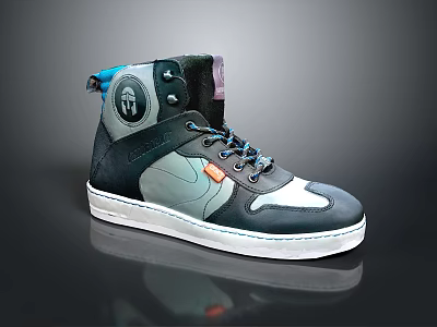 Stylish High Top Sneakers With Black Gray Blue Color Block Design And White Rubber Sole 3d model