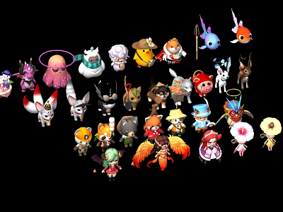 Cute Q Version Game And Movie Characters With Diverse Animal And Human Shapes Colorful Outfits 3d model