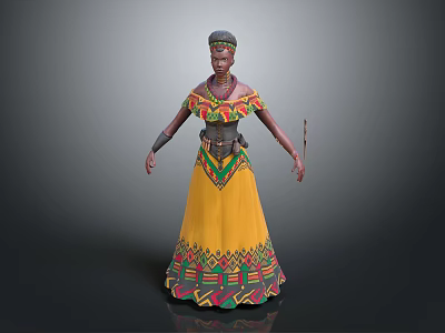 3D Ethnic Character Model In Traditional Yellow Dress With Colorful Geometric Patterns Holding Stick 3d model