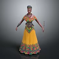 3D Ethnic Character Model In Traditional Yellow Dress With Colorful Geometric Patterns Holding Stick