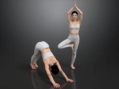 Two Women Doing Yoga Poses in Activewear on Shiny Dark Floor 3d model