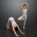 Two Women Doing Yoga Poses in Activewear on Shiny Dark Floor