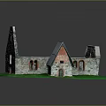 Detailed Architectural Model of Stone Building With Pointed Roofs Arched Windows and Green Grass Base