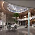 Modern Hotel Lobby With Glass Dome Large Windows Green Plants Sofas Tables Chairs Marble Flooring