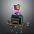 Blue Mobile Bakery Cart With Pink Neon Sign And Baking Tools On Wheels