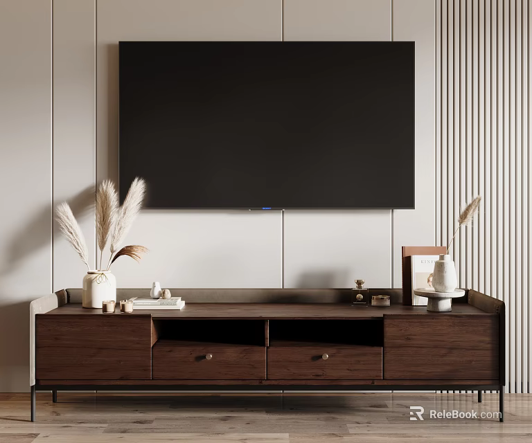 Modern Minimalist TV Stand With Mounted TV Pampas Grass Decor And Wooden Storage 3d model 