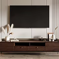 Modern Minimalist TV Stand With Mounted TV Pampas Grass Decor And Wooden Storage