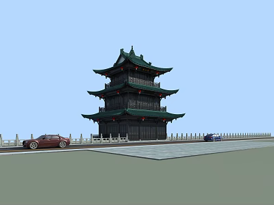 Ancient Chinese Pagoda Architecture With Green Roof And Multi story Design Near Roadway 3d model