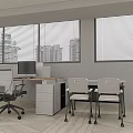 Office Furniture Showroom Featuring Desk Computer Chairs Wooden Floor And City View Blinds