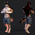 Anthropomorphic Wolf Character Front And Back Views With Blue Denim Shorts Standing Pose Muscular Torso