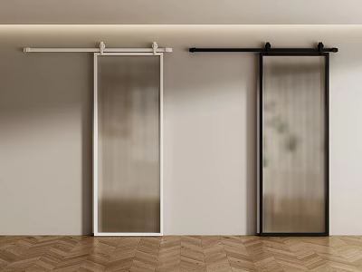 White And Black Sliding Barn Doors With Frosted Glass Panels And Herringbone Wooden Floor 3d model