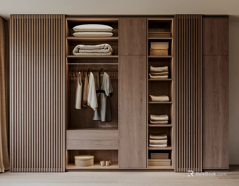 Modern Wooden Wardrobe Interior With Hanging Rods Shelves And Folded Clothes Storage 3d model 