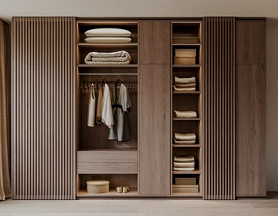Modern Wooden Wardrobe Interior With Hanging Rods Shelves And Folded Clothes Storage 3d model