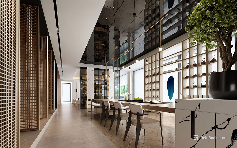 Modern Sales Office Interior With Marble Counter Display Shelves And Green Plants 3d model 