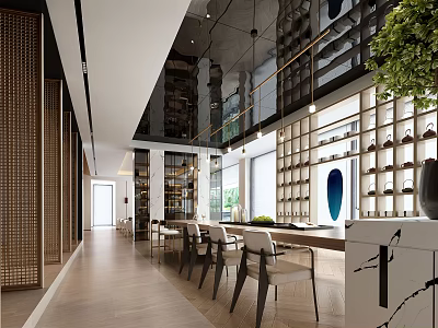 Modern Sales Office Interior With Marble Counter Display Shelves And Green Plants 3d model