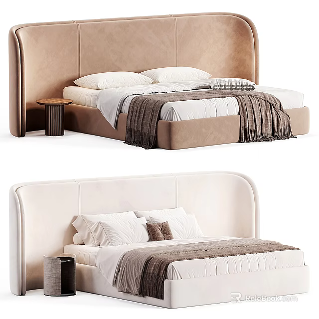 Modern Double Beds With Brown And White Upholstered Headboards White Pillows And Gray Blankets 3d model 