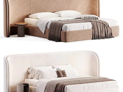 Modern Double Beds With Brown And White Upholstered Headboards White Pillows And Gray Blankets 3d model