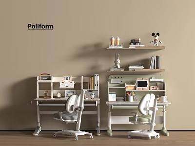 Modern Children Study Desks With Shelves Books Chairs Toys And Stationery 3d model