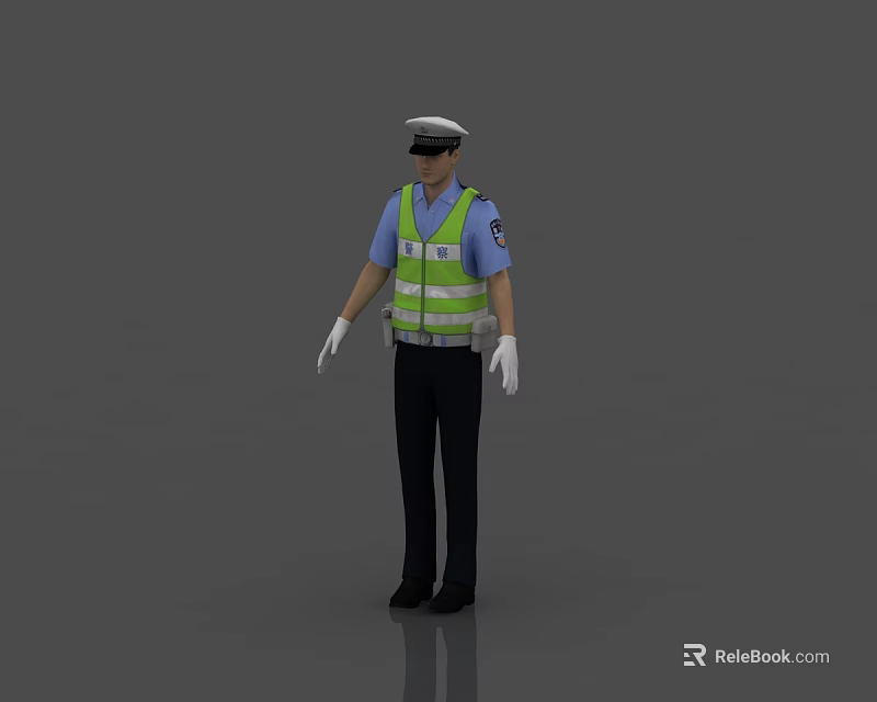 Man Traffic Police Officer Wearing Blue Shirt Reflective Vest Cap White Gloves and Black Pants 3d model 