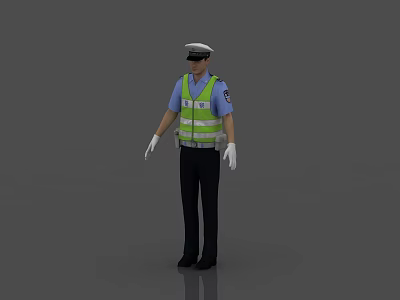 Man Traffic Police Officer Wearing Blue Shirt Reflective Vest Cap White Gloves and Black Pants 3d model