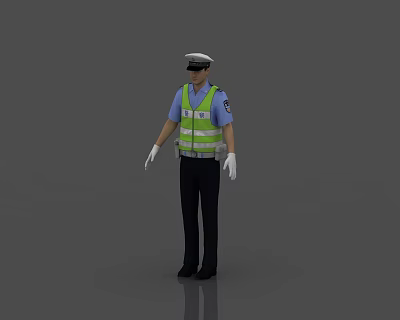 Man Traffic Police Officer Wearing Blue Shirt Reflective Vest Cap White Gloves and Black Pants 3d model