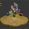 All Terrain Vehicle Model With Helmeted Rider On Circular Sand Platform Wooden Edge Gray Background