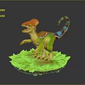 Colorful Dinosaur Figure with Red Crest Green Body Blue Striped Tail on Green Leaf Base
