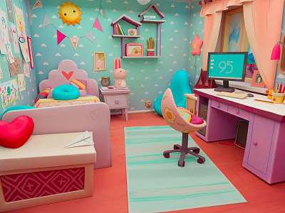 Vibrant Children's Bedroom Interior With Pink Bed Blue Walls Desk And Cozy Rug 3d model