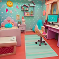 Vibrant Children's Bedroom Interior With Pink Bed Blue Walls Desk And Cozy Rug