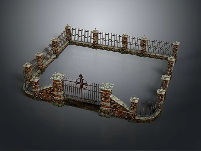 Brick And Iron Garden Fence Featuring Square Design Decorative Pillars And Gate 3d model