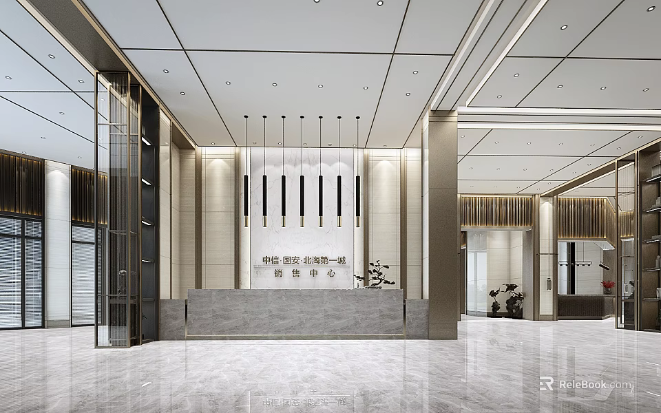 Modern Front Desk Reception Area With Marble Counter Hanging Chandeliers And Metal Accents 3d model 