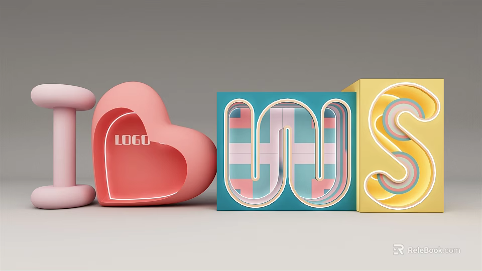 3D LOGO Design With Heart Shaped Pink Blue Yellow Geometric Elements 3d model 