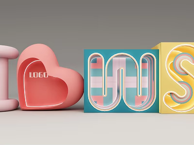 3D LOGO Design With Heart Shaped Pink Blue Yellow Geometric Elements 3d model